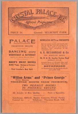 Crystal Palace v Portsmouth programme 26th December 1924, FL Division Two fixture