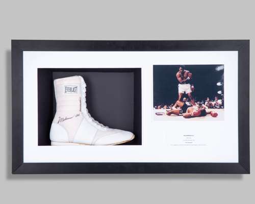 Muhammad Ali autographed white Everlast boxing boot display