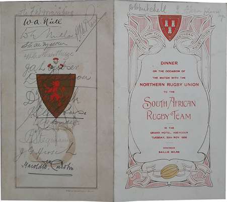 1906 South Africa “Springboks” Northern Rugby Union Tour dinner menu signed by 14 Springboks,
 Arthur Marsburg, William Allan Neill, William A Millar,