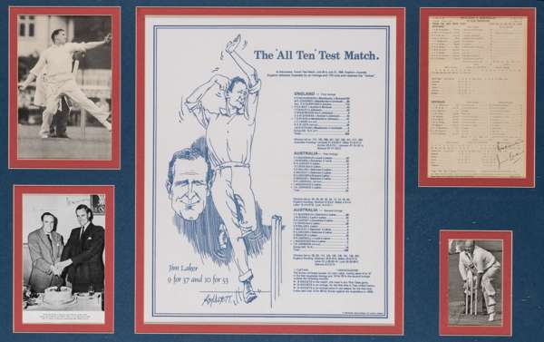James Charles Laker "The All Ten Test Match" England v Australia 1956 cricket display,
 comprising a 8.5 by 5.5in. signed b & w action photographs of 