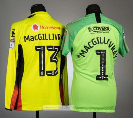 Two Craig MacGillivray signed goalkeeper's jersey's,
 comprising green Portsmouth no.1 goalkeeper's short-sleeved jersey, season 2019-20, with SKYBET 