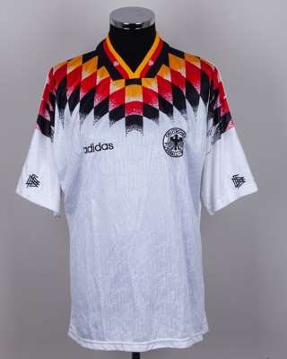 Mario Basler white, red, black, yellow No.6 Germany short-sleeved shirt, 1994