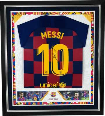 Lionel Messi signed and framed 2019-20 replica home jersey, 
 designed with images, text and club crest to the mountboard around the shirt, collectors