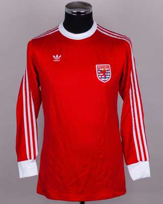 Red and white No.3 Luxembourg v. England match worn long-sleeved shirt, 1982-83