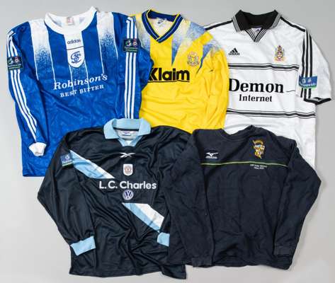 Four Nationwide Football League match jerseys,
 comprising Paul Hughes black and blue Crewe Alexandra no.42 away jersey; Aaron Hughes white and black 