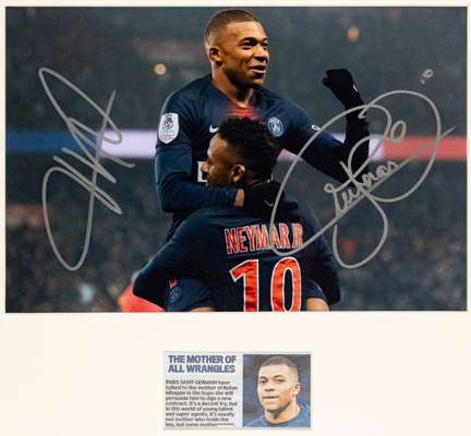 Paris Saint-Germain's Kylian Mbappe & Neymar signed celebration photograph,
 signed in silver marker pen, mounted, glazed and framed, overall 39 by 43