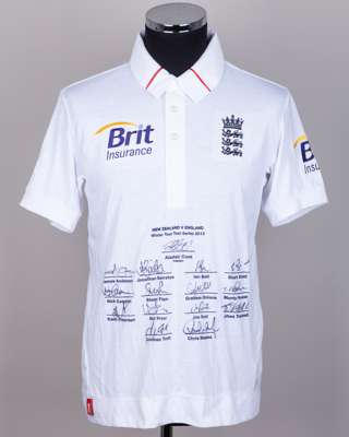 England v. New Zealand Winter Tour Test Series 2013 autographed cricket white shirt