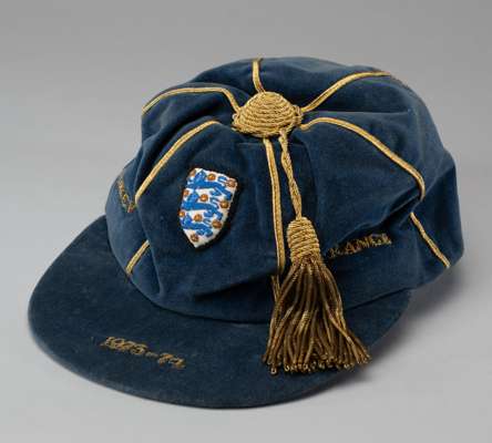 A blue England v. Turkey and France Under-23 International cap, 1973-74, 
 the blue velvet cap with gilt tassel and gold-coloured braiding, embroidere