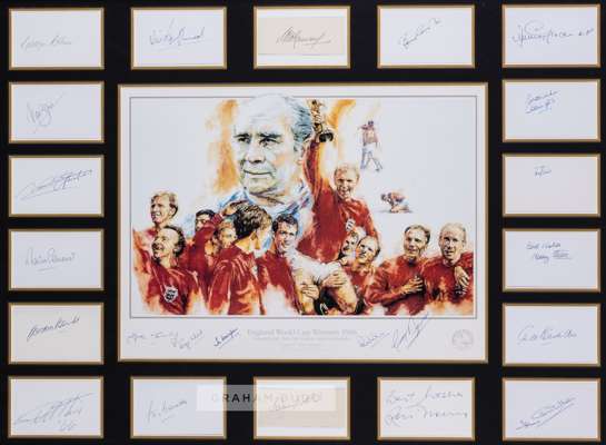 England 1966 World Cup winners' autographed montage,
 centrally mounted with a limited edition print depicting the triumphant scenes at Wembley stadiu