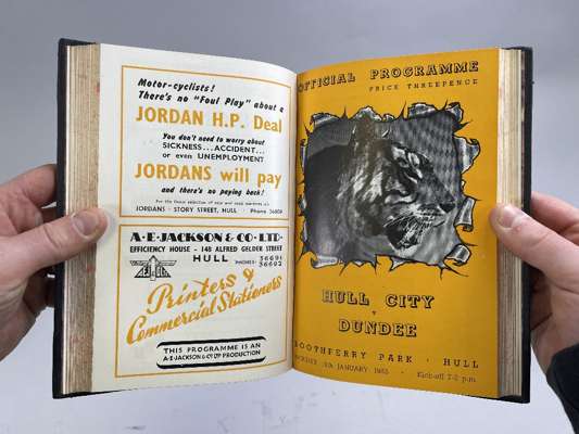 Bound volume of Hull City home match programmes, 1952-53 from West Ham United, 25th August 1952 to East Fife, 7th May 1953 including league, represent