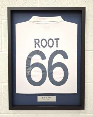 Joe Root white No.66 framed, signed England Test Match short-sleeved shirt
