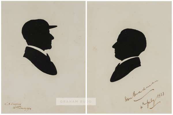 Australian cricketers Don Bradman and Bert Oldfield signed portrait silhouettes, 
 the first depicting Don Bradman facing left, signed and dated 4th J