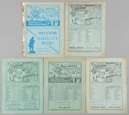 Five Millwall v Reading programmes,
 F.L. Division Three South 11th March 1922 & 13th March 1937 (covers poor); F.L. Division Two 29th September 1928 