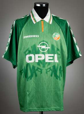 Green Republic of Ireland no.3 home jersey, circa 1997,
 Umbro, short-sleeved with FA Ireland badges, Opel and Umbro logos, reverse numbered 3, size X
