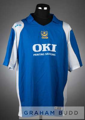Sol Campbell signed blue and white Portsmouth no.23 home jersey, season 2006-07,
 short-sleeved with BARCLAYS PREMIERSHIP sleeve badges, club crest an