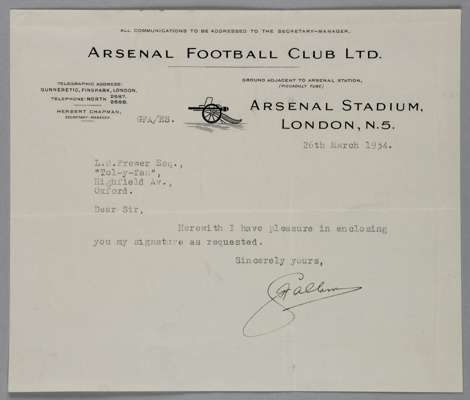 George Allison - Arsenal F.C manager 1934, signed one-page letter on embossed Arsenal F.C letterhead,
 a rare and very early post Chapman era, origina