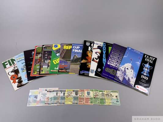 A run of ten F.A. Cup Final programmes, 1980 to 1989 all played at Wembley
 with replays and all with ticket stubs and some with rosettes (a lot)