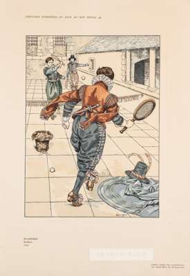 French colour lithograph by Chéri Hérouard (1881-1961) depicting the real tennis court at Flanders in 1612,
 from a series of illustrations of Europea