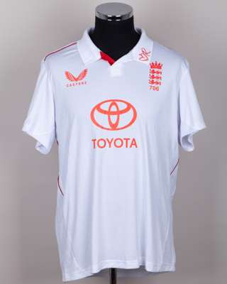 Jamie Overton Match Issued white and red No.75 England v. India, signed Red For Ruth shirt