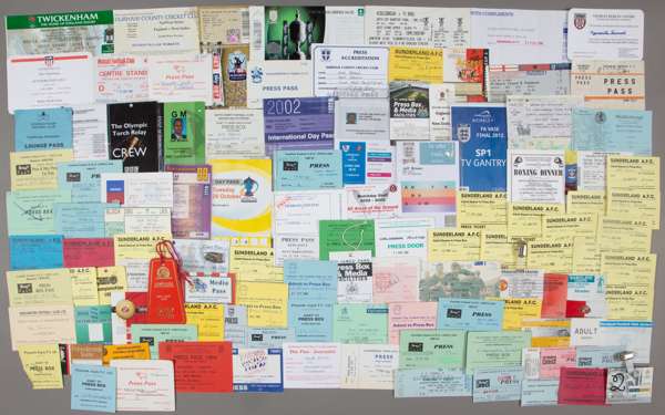 Collection of press and media passes to football, rugby, cricket and other sporting events,
 including to St James' Park, Middlesbrough, Durham County