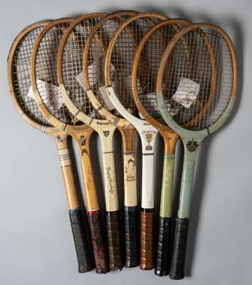 Collection of 25 wooden tennis racquets, 
 makers include Dunlop, William Sykes Sykraft, Slazenger, "The Club", "The Flint", "Driver", Wilson, Wightma