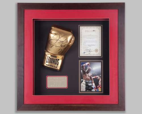 Floyd Mayweather Jr autographed yellow Boxing Legends boxing glove display