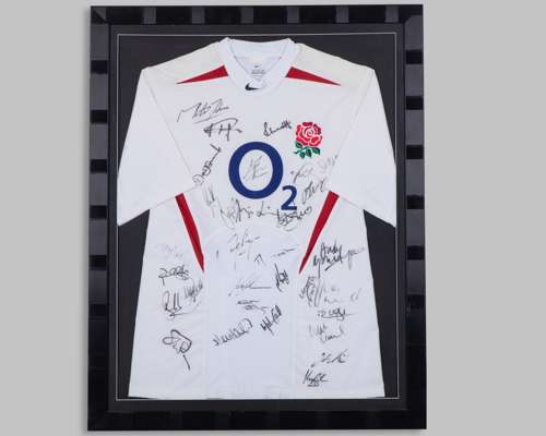 White and red England autographed short-sleeved rugby shirt, 2003-04