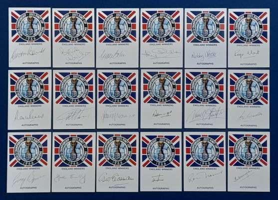 Set of 18 England 1966 World Cup Winners Jules Rimet cards,
 each measuring 10 by 7cm., individually hand signed by Jack Charlton, Gordon Banks, Ray W