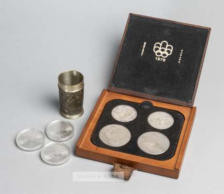 Munich 1972 and Montreal 1976 Olympic Games memorabilia,
 comprising 1972 squat liquor cup, with legend MUNCHEN 1972 with Olympic rings above an embos