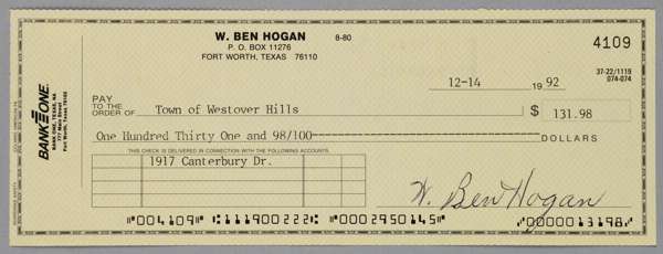 Ben Hogan nine Major Championship Victories 1948-53 scarce original signed personal cheque,
 size 8.25 by 3in., from Bank One, Fort Worth, Texas, date