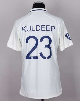 K Yadav white and navy No.23 India v. England match issued, autographed Red For Ruth shirt