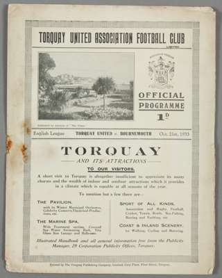 Torquay United v Bournemouth & Boscombe Athletic programme 21st October 1933,
 F.L. Division Three (South)