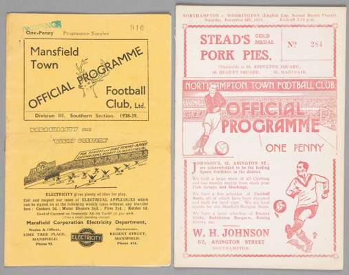 Two Workington F.A. Cup away programmes,
 at Mansfield Town 30th November 1938 (1st Round replay) and at Northampton Town 8th December 1936 (2nd Round
