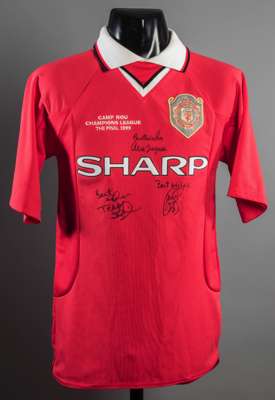 Manchester United 1999 Champions League Final replica jersey signed by Sir Alex Ferguson and the two goalscorers Teddy Sheringham & Ole Gunnar Solskja