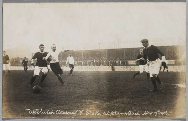 Woolwich Arsenal v Stoke postcard at Plumstead, 17th November 1906,
 featuring match action, reverse with pencil and pen annotations, 9 by 14cm.

 Woo