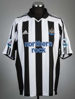 Patrick Kluivert black and white striped Newcastle United no.11 home jersey, season 2004-05,
 Adidas, short-sleeved with BARCLAYS PREMIERSHIP sleeve b