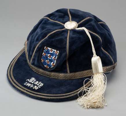Willie Watson blue England v. Italy International cap, 1949-50 
 the blue velvet cap with white tassel and silvered braiding, embroidered with the Eng