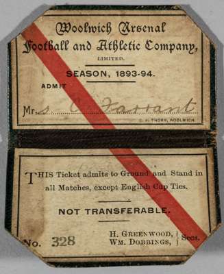 Rare first season as Woolwich Arsenal season ticket, 1893-94, 
 with green covers and gilt-tooled initials WAFC, season ticket in the name of Mrs C. T