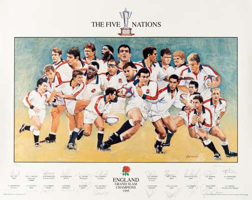 Rugby Union: England Five Nations Grand Slam Champions 1995 Limited Edition number 128/600 fully autographed print 
 size 28 by 22in. after the origin