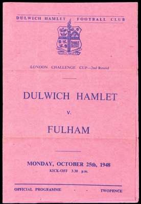 A collection of 90 Dulwich Hamlet home programmes dating between seasons 1946-47 and 1949-50, including 1946-47 Wimbledon v Bishop Auckland FA Cup s/f