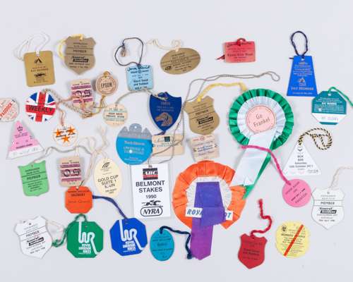 Group of racecourse card day badges for Epsom, Ascot, Newmarket etc.