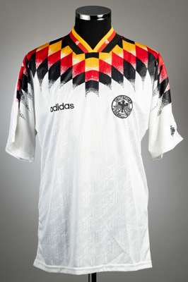Thomas Hassler white Germany no.8 home jersey, circa 1995,
 Adidas, short-sleeved with national emblem, DFB logo on sleeved, reverse lettered HASSLER,