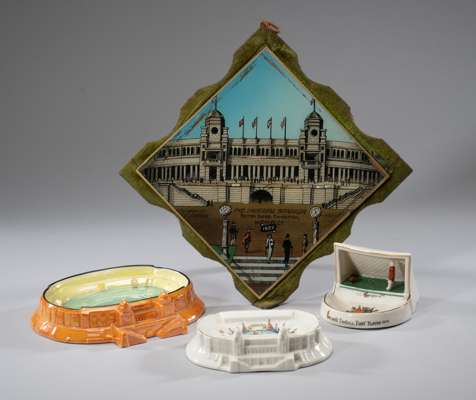 Three ceramic ashtrays being souvenirs of the British Empire Exhibition at Wembley in 1924,
 two featuring the newly built Wembley Stadium, one by Arc