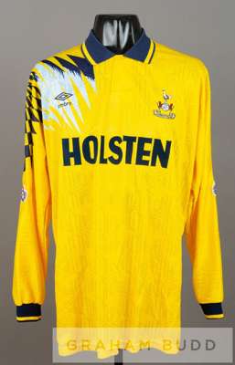 Terry Fenwick yellow and navy Tottenham Hotspur no.2 away jersey, season 1991-92,
 long-sleeved with THE FOOTBALL LEAGUE sleeve badges, club crest and