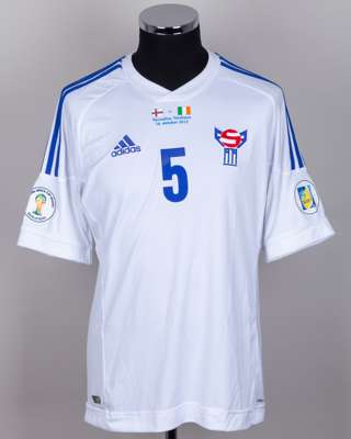 Rogvi Baldvinsson white No.5 Faroe Islands v. Republic of Ireland match worn shirt, 2012