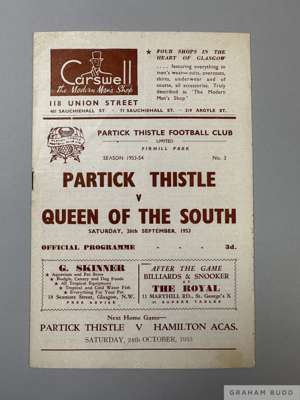 Partick Thistle v. Queen of the South match programme, 26th September 1953
  signs of folds, light creasing