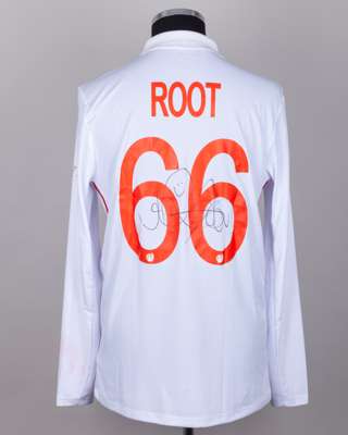 Joe Root white and red No.66 England v. India match worn, autographed Red For Ruth shirt