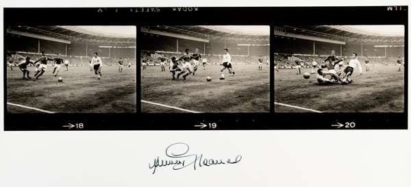 Jimmy Greaves signed large b&w photograph display,
 20 by 16in., depicting Greaves playing for England and scoring a goal, with three consecutive imag