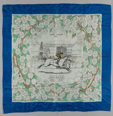 A ladies silk scarf commemorating 1936 Derby Winner Mahmoud, 
 featuring pictorial image of the horse and rider the image flanked by cartouches of det