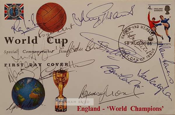 England 1966 World Cup winners signed Rembrandt FDC with the 4d England Winners stamp franked Harrow And Wembley 18 AUG 1966 First Day Of Issue,
 auto